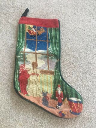 Vtg Handmade Needlepoint Christmas Stocking Santa Sleigh & Children 100 Wool