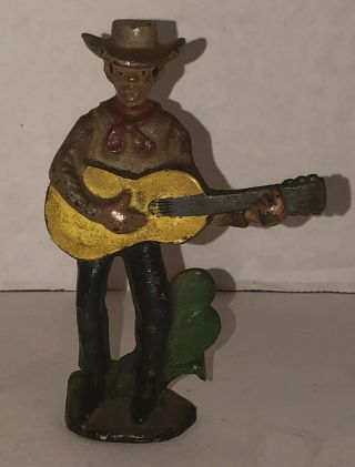 Vintage 1940s Cast Iron Cowboy Bottle Opener Guitar Cactus Very Rare 40s 4.  75”