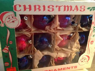 Vintage Box Of 12 Glass Christmas Ornaments Poland Cerise Hot Pink & Blue Balls