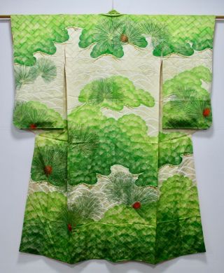 Japanese Silk Kimono / Pine Tree / Green / Silk Fabric /364