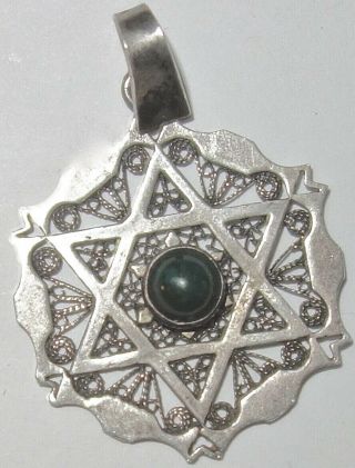 Rare Vintage Judaica Star Of David Sterling Filigree Pendant W/jade Stone 1