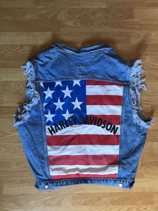 Vintage Harley Davidson Biker Blues American Flag Sleeveless Jean Vest Xl Hd