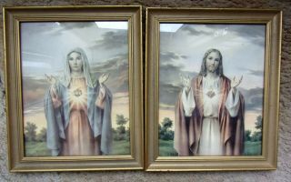 Vintage Litho Prints By C&a Richards - Boston Sacred Heart Jesus Mary Framed Set