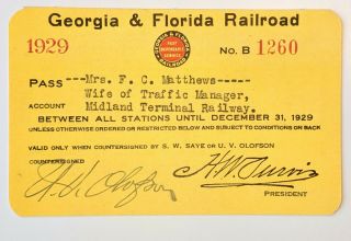 1929 Georgia & Florida Railroad Annual Pass F C Matthews U V Olofson