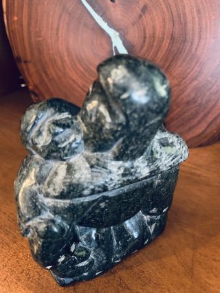 Vintage Hand Carved Green Stone Figure Mother & Child - Inuit Art - Artist Signed 8