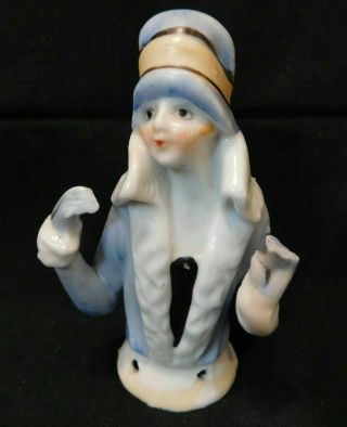 Vintage 3.  5 " Porcelain Pincushion Half Doll - Winter Blue Flapper Girl Arms Away