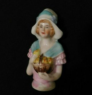 Vintage 3.  5 " Porcelain Pincushion Half Doll - Girl With Basket Of Pears