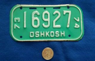 Rare Vintage 1973 - 74 Collectible Oshkosh Wi Metal Bicycle Bike License Plate Us
