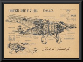 Charles Lindbergh Autograph Reprint Diagram Of Ryan - M2 On 90 Year Old Paper P049