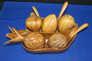 Vintage Wood Divided Bowl,  Wooden Carved Fruit Pineapple,  Hawaii Monkey Pod Signed