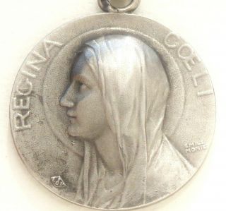 Holy Mary Queen Of Heaven - Antique Silver Art Medal Pendant Signed Emile Monier