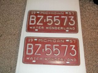 Matched Pair Vintage Original1957 Michigan License Plates Water Wonderland (2)