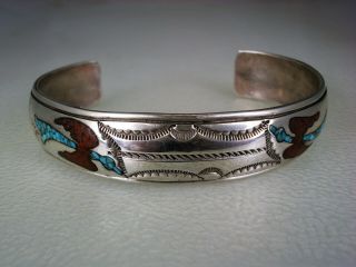 Old Navajo Stamped Sterling Silver & Turquoise Coral Inlay Peyote Bird Bracelet