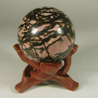 40mm Pink Rhodonite Crystal Sphere Ball W/ Stand - India