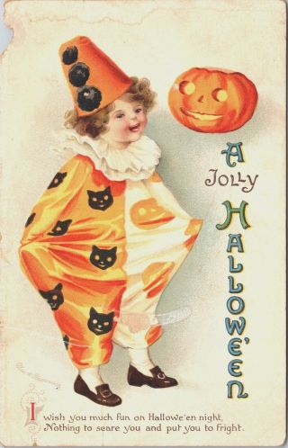 Postcard Halloween Jack O Lantern Clown Costume Clapsaddle C1