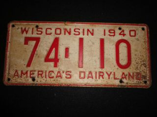 1940 Wisconsin License Plate No.  (74 - 110) 13 - 1/2 " X 6 - 1/4 "