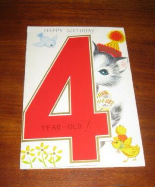 Vtg 1950s Rust Craft Die Cut For Birthday Card For 4 Year Old,  Kitten Cat