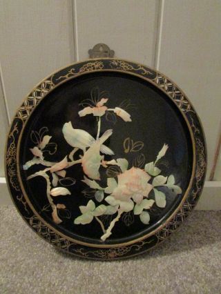 Asian Oriental Black Lacquer Mother Of Pearl Round Vintage Wall Picture Bird