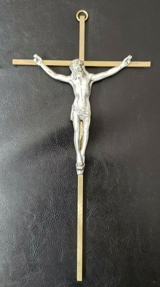 Vintage Brass Silver Jesus Christ Crucifix Wall Cross All Metal 10 "