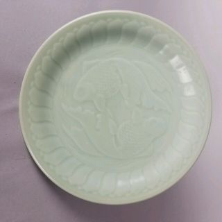 Estate Vintage Chinese Export Long Quan Celadon Green Etched Porcelain Plate 80s