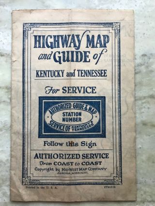 Mid - West Map Company.  Early Highway Map And Guide Of Kentucky And Tennessee 1920?