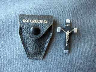 Antique Ebony & Metal Crucifix Pendant In My Crucifix Leather Case Italy