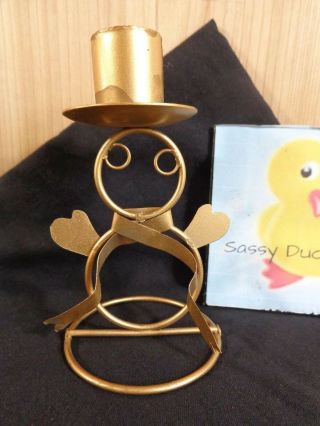Snowman Candle Holder 4.  5 " Gold Wire Metal For One Tapered Candlestick