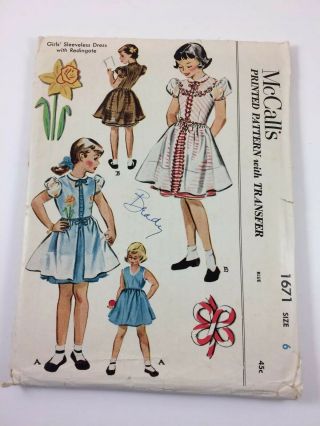 Vintage 1951 Mccall’s Sewing Pattern 1671 Girls Size 6 Sleeveless Dress