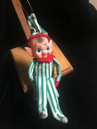 Vintage Christmas Green White Striped Felt Knee Hugger Elf Pixie W/ Bell Japan