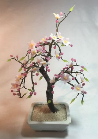 Japanese Chinese Oriental Asian Jade Glass Flowering Cherry Blossoms Bonsai Tree