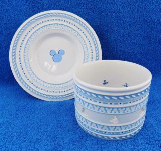 Disney Gourmet Mickey Mouse Ceramic Candle Holder & Plate Lovely Blue
