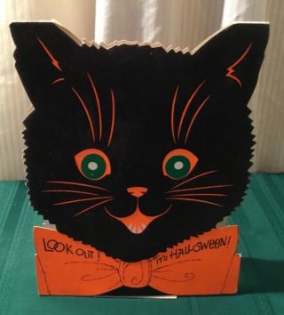 Vtg.  Gibson Halloween Standee Greeting Card Centerpiece W/ Flocked Black Cat
