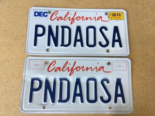 California Vanity License Plate Pair - Pndaosa - Panda Bear Osa - December 2010