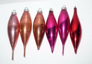 6 Vintage Christmas Glass Teardrop Tree Ornaments
