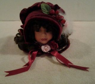 Victorian Christmas Porcelain Doll Head Ornament Satin Bonnet With Pink Roses