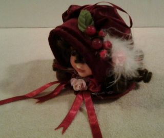 Victorian Christmas Porcelain Doll Head Ornament satin bonnet with pink roses 2