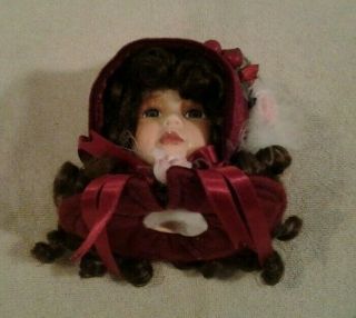 Victorian Christmas Porcelain Doll Head Ornament satin bonnet with pink roses 4