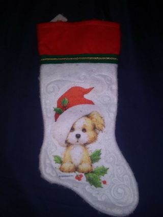 Vintage Morehead Christmas Stocking Santa Hat Puppy Dog Embossed Felt Holly