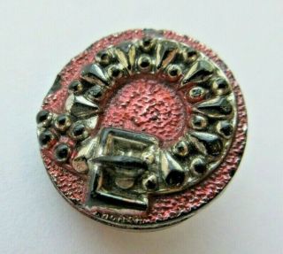 Dazzling Antique Vtg Victorian Black Glass Button Silver/ Red Belt Buckle (c)