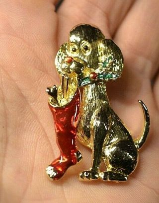 Gold Tone Dog Holding Christmas Stocking Pin / Brooch