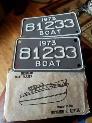 Vintage 1973 Michigan Boat License Plate Plates In Envelope