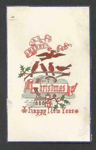 Y69 - Robins.  Holly And Church - Early Goodall - Embossed Victorian Xmas Card