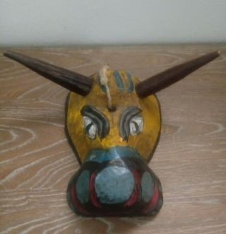 Vintage Mexican Festival Mask Wood Carved,  Folk Art Bull Horns Hand Painted