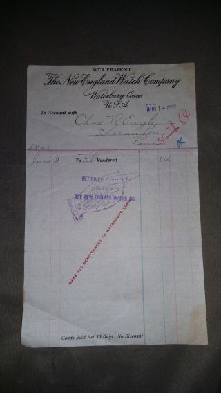 1908 Waterbury Connecticut Letterhead Billhead The England Watch Company