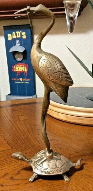 Vintage Brass Crane Bird On Turtle Figurine Made In Taiwan Republic Of China