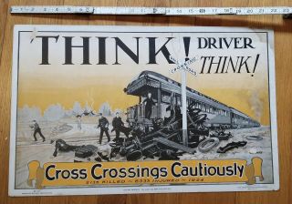 Antique Automobile Safety Poster Train Crossings 1925 American Railway