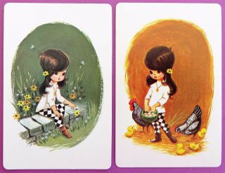Pair Vintage Swap Cards.  1970s Retro Fashion Girl With Flowers & Hens.  Stardust