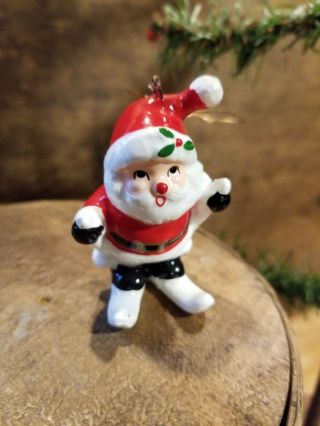 Christmas Vintage Santa Ornament Skiing Porcelain Japan Hand Painted C1979