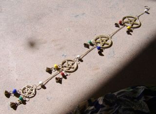 Hanging 4 - Pentacle Brass " Chime " With Tiny Bells And Glass Beads Wiccan Pagan