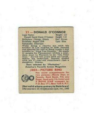 1948 Bowman Movie Stars 21 Donald O ' Connor 2